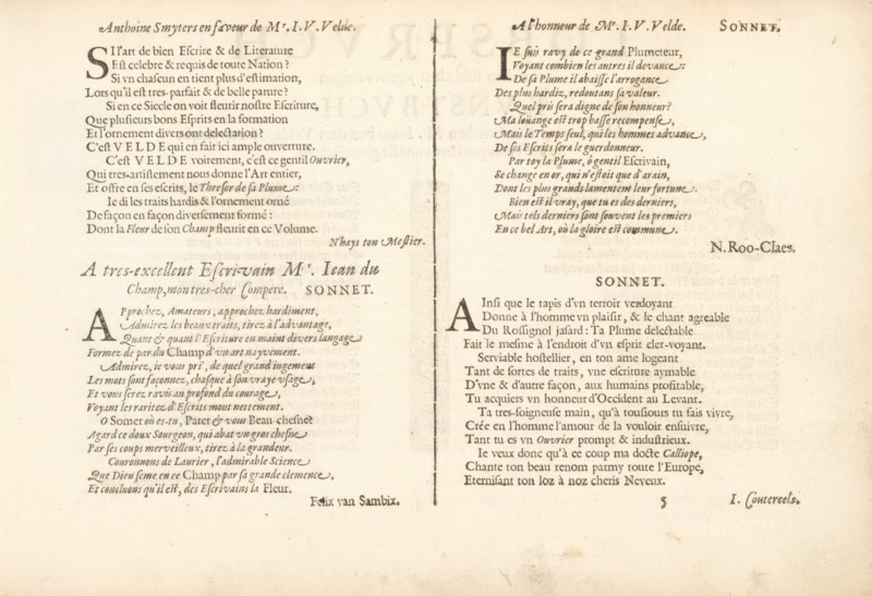 Four Latin threshold poems, Mirror of the Art of Writing, album page, text sheet, Text sheet with four Latin sonnets as a threshold poem. The text sheet is part of an album., writer (clerical worker): Antonius Smyters, writer (clerical worker): Felix van Sambix, writer (clerical worker): Nicolaes Rooclaes, writer (clerical worker): Johan Coutereels, publisher: Jan van de Velde (I), Rotterdam, 1605, writer (clerical worker), paper, letterpress printing, text in letterpress, height 210 mm x width 315 mm, Aged paper with two columns of printed text separated by a thin vertical rule, the left column showing several blocks of serif type set in varying sizes and line spacing, and the right column containing similar blocks of serif text with a larger initial letter at the start of a section; the page exhibits faint foxing and uneven discoloration, darker along the top and outer edges, with a faint watermark or imprint visible near the center right; margins are wide and the layout is symmetric...