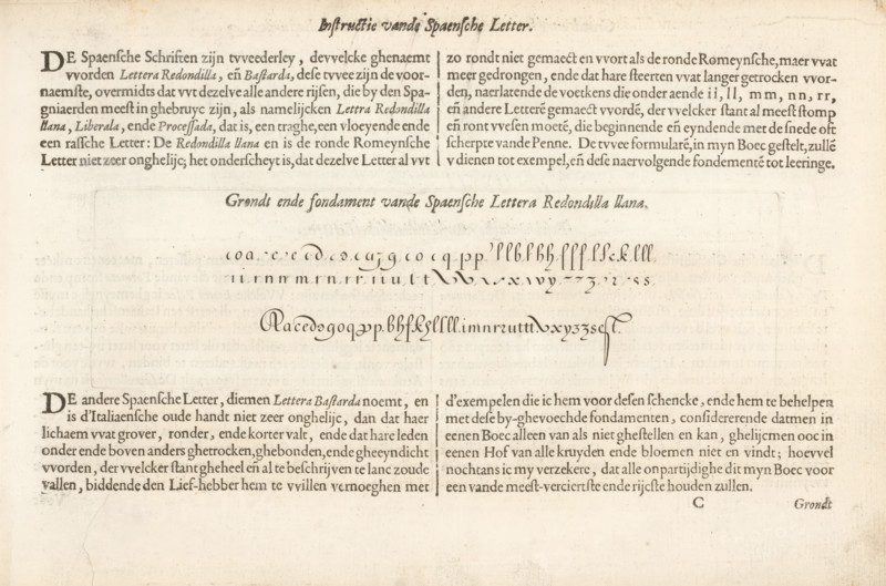 Description of the Spanish letter and a writing example of the Spaensche Lettera Redondilla Llana, Instruction of the Spanish Letter, Fondement-Boeck, Spieghel der schrijfkonste, print, albumblad, text sheet, Folio C1r with an instruction of the Spanish letter and a writing example titled: Grondt ende fondament vande Spaensche Lettera Redondilla Llana. The sheet is part of an album., printmaker: Simon Frisius, Haarlem, after design by Jan van de Velde (I), Rotterdam, 1605, writer (clerical worker), paper, letterpress printing, engraving, text in letterpress, height 69 mm x width 217 mm, height 210 mm x width 315 mm, calligraphy, Aged parchment page with printed and handwritten calligraphic elements, showing blocks of dark serif text across the top and bottom and a centered section containing ornate handwritten script samples in flowing cursive. The page has a horizontal crease and faint stains, with inked letterforms varying in thickness and decorative flourishes arranged in rows. The ...