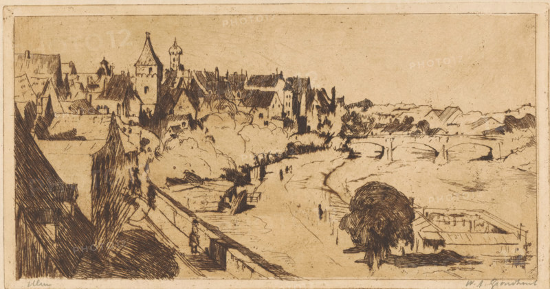 Ulm (original title on object), print, A bridge over the Danube in Ulm. To the left of the center a city wall and the Metzgerturm, a city gate., printmaker: Willem Adrianus Grondhout (signed by artist), 1888 - 1934, paper, etching, intaglio printmaking technique, height 159 mm x width 305 mm, city-walls, bridge in city across river, canal, Danube, Baden-Württemberg, A sepia-toned etching of a riverside town seen from an elevated viewpoint, showing a row of closely packed buildings with steep roofs and towers along the left and center, a tree-lined embankment running toward a stone bridge with multiple arches on the right, a winding riverside path with small human figures, boats or small craft moored along the water, clustered trees and shrubs between buildings and river, and foreground architectural details including rooftops and a railing.