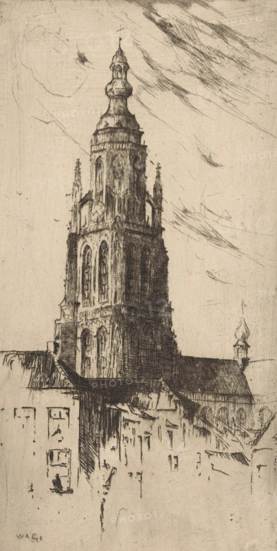 Tower of the Grote Kerk in Breda, print, printmaker: Willem Adrianus Grondhout (signed by artist), 1888 - 1934, paper, etching, intaglio printmaking technique, height 264 mm x width 137 mm, parts of church exterior and annexes: tower, Breda, Grote Kerk (Breda), A tall, ornate tower rises above lower buildings, rendered in fine, dark sketch lines on a light background, showing pointed spires, arched windows, and decorative stonework; the tower has a bulbous, layered top with a small cross-like finial and detailed vertical panels and tracery; rooftops and simpler building facades sit in the foreground with visible roof tiles and window openings; the sky is sparsely marked with sweeping, soft hatch strokes and faint circular shapes.