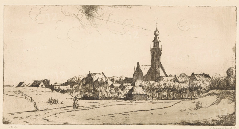 Veere (original title on object), print, The Zeeland city of Veere with the town hall to the right of the center., printmaker: Willem Adrianus Grondhout (signed by artist), 1919, paper, etching, intaglio printmaking technique, height 159 mm x width 307 mm, city-view, and landscape with man-made constructions, A wide landscape etching shows a village scene with a tall, ornate church tower rising above clustered rooftops and trees along the middle ground, the tower featuring a pointed spire and decorative tiers. In the foreground an open field with gently undulating ground leads toward the village, with a solitary figure walking along a path. Scattered small houses and outbuildings line the horizon, interspersed with dense groups of trees rendered in sketchy, textured lines. The sky above is mostly empty with faint, wispy cloud-like pencil marks and some light hatchwork, and the entire image is framed by a simple rectangular border.