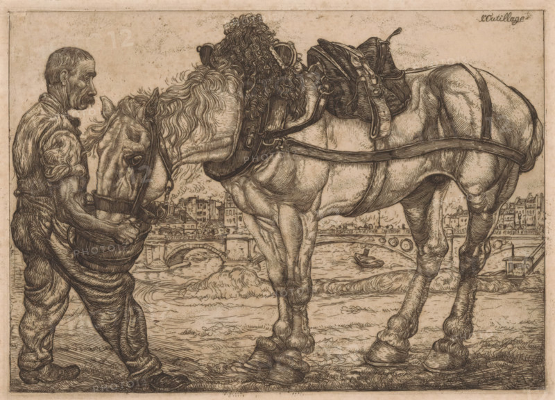 Man feeding a horse from a bucket, L'Outillage (original series title on object), print, In the background a bridge over the Seine in Paris. On verso a sketch., watermark, printmaker: Pieter Dupont, Paris, c. 1899 - c. 1900, Pieter Dupont, printmaker, paper, etching, intaglio printmaking technique, height 130 mm x width 180 mm, horse, giving food, bridge in city across river, canal, Seine, A detailed line drawing shows a man standing beside a large horse, the man holding a bucket up to the horse's head while the horse drinks; the man wears rolled sleeves, loose trousers, and boots, and his facial features and short hair are rendered with fine crosshatching; the horse is heavily muscled with a flowing mane and shorn forelock, wearing harnesses and a saddle with straps and buckles, and its hooves are shown on a textured ground; in the background a river scene appears with an arched bridge, small boats on the water, and a row of buildings along the far bank, all drawn with intricate line ...