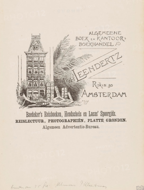 Advertisement of Algemeene Boek- en Kantoorboekhandel Joh's Leendertz in Amsterdam, advertisement, print, book illustration, A scale model of the building on the Rokin on a table with books., after design by unknown, 1885 - 1892, unknown, printmaker, after design by, paper, printing, height 219 mm x width 149 mm, On verso the table of contents of a book, possibly a guide to Amsterdam., book-shop, bookseller, A detailed ink drawing shows a tall narrow building with ornate windows and decorative roof elements next to a cluster of stacked books and an open book lying on a flat surface, with a large leafy plant rising behind them; to the right of the plant and books are stylized angled lines framing a bold name rendered in decorative lettering, and beneath the scene are several lines of printed headings in a bold serif style; the background is a light, slightly textured paper with faint marks and a small circular stamp near the bottom edge.