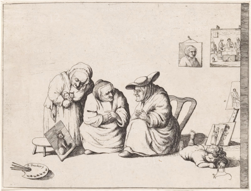 Three old women look at a painting of a cat, print, One of the women has a cat under her arm. On the wall hangs a portrait of an old woman and a scene with men playing cards in a tavern. Three other paintings lean against the leg of a donkey, in the foreground a child is drawing a cat on the ground., printmaker: David Deuchar, 1753 - 1808, paper, etching, height 120 mm x width 160 mm, The print also appears in: A Collection of Etchings after the Most Eminent Masters of the Dutch and Flemish Schools, a collection of 375 prints by David Deuchar, mainly after Dutch and Flemish masters, published between ca. 1782-1803., picture, painting, old woman, cat, Three seated elderly women wearing head coverings and layered robes are gathered closely, two of them facing each other while the third leans over holding a small animal. A wooden stool sits beside them with a framed picture propped against it showing an animal. To the right a woman with a wide-brimmed hat sits in a carved chair gesturing ...