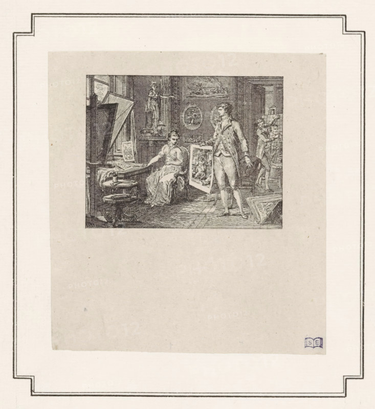 Woman visits an artist, print, A woman sits behind a table set up for making prints. In the middle of the room, a man holds up a print. In the background, someone is busy applying a grid to a print or painting., after print by Pierre Philippe Choffard, in or after 1804 - 1900, Pierre Philippe Choffard, printmaker, after print by, paper, etching, height 62 mm x width 79 mm, engraver, etcher, workshop, studio of the artist (in general), graphic artist, A rectangular engraving shows an interior scene with three figures among furniture and artworks; a seated woman in a long dress sits beside a table with papers and small objects, a standing man in period clothing holds a framed picture and faces toward her, and a second standing figure in the background appears near an easel; the room contains framed pictures on the walls, a sculpture on a pedestal, an angled large frame or canvas, a small round table with stacked items, patterned floorboards, and scattered framed pieces leaning against fu...