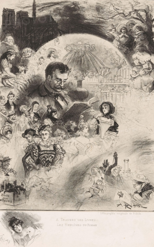 A travers les livres: les heroines du roman, Reading man surrounded by novel characters, print, Below the central scene a reading woman leaned against a pillow., printmaker: Albert Robida, 1858 - 1926, chine collé, paper, lithography, lithography on chine collé, height 250 mm x width 185 mm, newspaper, news-sheet, literary characters and objects, A detailed black and white drawing filled with many figures and scenes blended together, dominated by a central image of a bespectacled man reading from an open book beneath a large shaded lamp, surrounded by clusters of women in period dresses, children, and men in hats and coats, some wearing elaborate hairstyles and ornate clothing; to the upper left a dark silhouette of a cathedral and a spire rises against a shaded sky, while the upper right shows a group of three men in broad-brimmed hats beside bare tree branches; various smaller vignettes circle the center including a seated woman with a small dog, a young woman in a hooded cloak holdi...