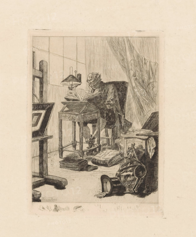Man behind a reading table, print, printmaker: Félicien Rops, 1834 - 1898, paper, etching, drypoint, intaglio printmaking technique, etching and drypoint with plate tone, height 127 mm x width 94 mm, lector, reading, A detailed pencil or ink drawing shows an interior scene with an older person seated at a small wooden table, leaning forward and reading an open book placed on a slanted bookrest, a lamp with a domed shade positioned nearby, a tall chair behind the reader, and long curtains or drapery drawn to one side; scattered on the floor are several closed books and loose papers, a top hat lies tipped over with its lining visible, a carved wooden stool or small table holds additional objects, and in the foreground an easel or frame stands with a visible corner of a mounted work, all rendered with fine crosshatching and delicate line work against a lightly textured background.