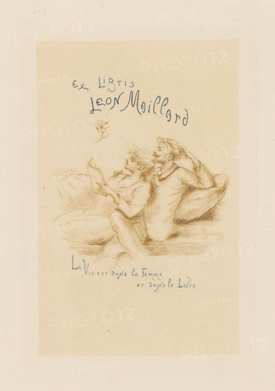 Ex libris Leon Maillard, Ex libris by Leon Maillard, print, bookplate, A reading woman leans against a seated man, a flower hangs in the air., printmaker: Henri Boutet, 1861 - 1894, paper, drypoint, intaglio printmaking technique, drypoint with plate tone in brown and blue, height 149 mm x width 99 mm, newspaper, news-sheet, A sepia-toned sketch shows a reclining couple on a cushioned surface, the woman leaning back against the man while holding an open book and the man resting with one arm behind his head and the other around the woman; delicate linework renders their clothing and hair, with soft shading defining the cushions and folds of fabric, and a small simple flower floats above them.