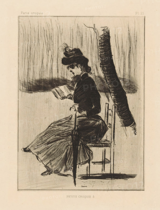 Woman with a book and an umbrella on a chair outside, Petits Croquis 5, print, Numbered top right: Pl. 21., printmaker: Henri Boutet, 1888 - 1889, paper, drypoint, intaglio printmaking technique, drypoint with plate tone, height 160 mm, width 116 mm, Probably from: Paris Croquis, published between 1888-1889., book, A monochrome etching shows a seated woman in profile wearing a dark fitted jacket, a full skirt, and a hat with decorative elements, holding an open book in her hands; she sits on a simple chair beside a tall, textured tree trunk and a background of vertical, grasslike strokes, with heavy shadowing behind her and crosshatched lines defining folds of fabric and chair details.