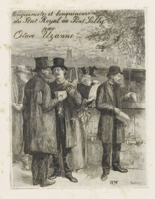 Bookstalls on a quay in Paris, Title page for: Octave Uzanne, Les Quais de Paris, 1896, print, title page, printmaker: Oswald Heidbrinck, publisher: Librairies-Imprimeries Réunies (Ancienne Maison Quantin), Paris, paper, etching, drypoint, intaglio printmaking technique, etching with drypoint and plate tone, height 156 mm x width 120 mm, Print used in: Uzanne, 1896. This is a reissue; the first edition appeared in 1893 and contained a different title page., street-trader, book-stall, kiosk, A detailed black and white etching shows a group of people standing outdoors near a low railing with a distant city skyline and tree branches overhead; several men wear long coats and hats, including tall top hats and bowler hats, and one woman with a feathered hat holds a folded item; one man holds an open small book while another appears to show or take papers from a wooden box on a stand; an umbrella and bundled items rest near the figures, and the scene is rendered with fine crosshatching and li...