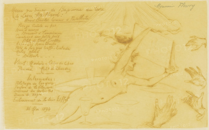 Menu for the dinner in honor of the publication of the book 'Henri Boutet graveur et pastelliste' by Leon Maillard, print, menu, A naked woman flies over a table with glasses and plates. Outstretched hands reach for the book by Maillard that she holds in her hands., annotation: 'Monsieur Floury', printmaker: Henri Boutet, in or before 1894-05, paper, drypoint, intaglio printmaking technique, drypoint with plate tone in orange, height 145 mm x width 228 mm, This menu was probably intended for Henri Floury, the publisher of the book., the (nude) human figure, 'Corpo humano' (Ripa) - AA - female human figure, evening meal, dinner, supper, book, A sepia-toned drawing showing a reclining nude figure with an arm raised holding a large rectangular object that partly obscures their face, a goblet placed near their hip, a second figure leaning over from above with hair falling forward, multiple disembodied hands reaching in from the right edge of the image, and a column of handwritten writing a...