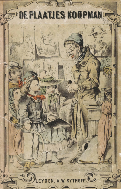 The Picture Merchant, Four children at a print dealer, wrapper, print, Prints hang on a line against the wall. A girl and a boy with a hoop in his hand are leafing through an album of prints together., printer (person): Pieter Willem Marinus Trap (possibly), Leiden, publisher: Albertus Willem Sijthoff, 1858, printmaker, printer (person), paper, lithography, hand coloring, hand-colored, height 213 mm x width 135 mm, Used as cover for: The Picture Merchant. Plates with captions for dear youth. Leiden: AW Sijthoff, 1858. The title page of this book is kept with the print. The prints in this book are copies of illustrations from an earlier edition: Hartung, Tuisca. Le marchand d'images. Dresden: CC Meinhold, 1856., street-trader, eg: engraving, etching, lithograph, A tall man wearing a coat and a cap leans forward holding a small bowl while a group of children stand and sit before him, some wearing hats with ribbons and one child holding a hoop. Drawings of animals and figures are pinned t...