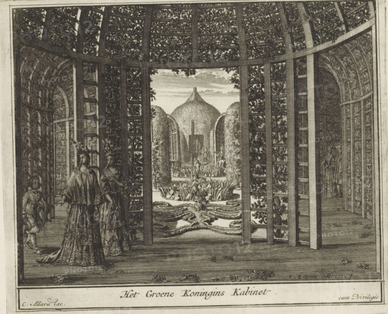 The Green Queen's Cabinet, Berceaus in the gardens of Het Loo Palace, The Splendor of the Netherlands, Or the Pleasure Garden founded by H.M. William III at Het Loo, print, album page, View of the Queen's Garden at Het Loo Palace with berceaus on the left and right. Print is part of an album., printmaker: Laurens Scherm, Amsterdam, publisher: Carel Allard, grantor of privilege: States of Holland and West Friesland, 1689 - 1701, 1702, paper, etching, height 167 mm x width 199 mm, French or architectonic garden, formal garden, Apeldoorn, Het Loo Palace, An engraved interior scene showing an arched, lattice-covered structure with patterned panels and foliage entwined through the framework, opening to a landscaped garden with trimmed hedges, a central mound and a pathway bordered by planted beds and ornamental trees; in the foreground several figures in period dress stand and converse beneath the lattice, one figure in a voluminous gown and headpiece facing away, another similarly dressed ...