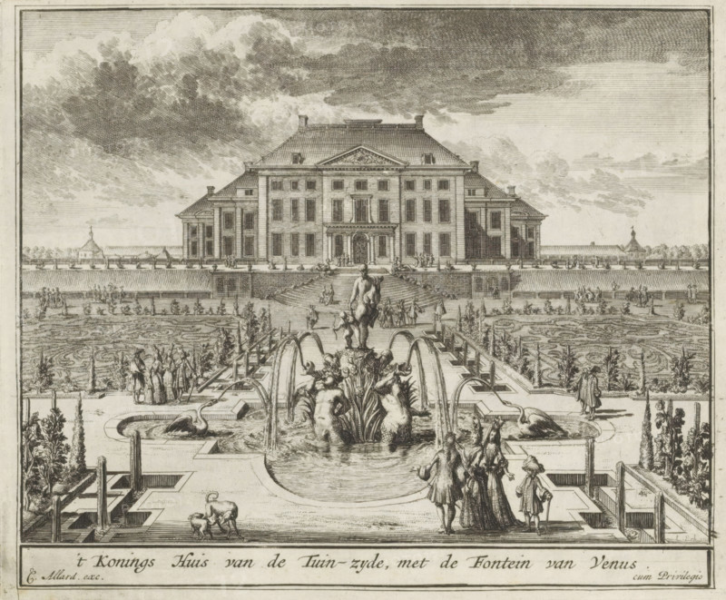 View of Het Loo Palace from the gardens, The King's House from the Garden Side, with the Fountain of Venus, The Splendor of the Netherlands, Or the Pleasure Garden founded by H.M. William III at Het Loo, print, album page, View of Het Loo Palace from the gardens. In the foreground the Fountain of Venus. Print is part of an album., printmaker: Laurens Scherm, Amsterdam, after drawing by Laurens Scherm, publisher: Carel Allard, grantor of privilege: States of Holland and West Friesland, 1689 - 1701, 1702, Laurens Scherm, Carel Allard, States of Holland and West Friesland, printmaker, after drawing by, publisher, grantor of privilege, paper, etching, height 166 mm x width 200 mm, garden fountain, palace, French or architectonic garden, formal garden, Apeldoorn, Paleis Het Loo, An architectural engraving shows a large symmetrical building with a stepped central entrance, a tiled roof, and rows of tall windows, flanked by lower wings and terraces; a formal garden with geometric paths, parte...