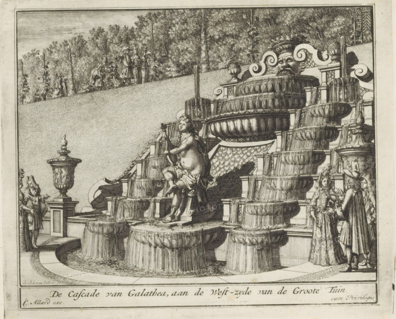 Arion cascade in the garden of Het Loo Palace, The Cascade of Galathea, on the west side of the Great Garden, The Splendor of the Netherlands, Or the Pleasure Garden founded by HBM William III at Het Loo, print, album page, The cascade with a statue of Arion playing the lyre, on the west side of the great garden of Het Loo Palace. Print is part of an album., printmaker: Laurens Scherm, Amsterdam, publisher: Carel Allard, grantor of privilege: States of Holland and West Friesland, 1689 - 1701, 1702, paper, etching, height 172 mm x width 207 mm, ornamental fountain, French or architectonic garden, formal garden, Arion rides on a dolphin, holding his lyre, Apeldoorn, Paleis Het Loo, A detailed black and white engraving showing a large multi-tiered fountain with water flowing over rounded basins and cascading down steps, a central sculpted figure seated on a pedestal holding a staff, ornamental urns and balustrades flanking the fountain, a carved mascaron face atop the upper tier, several ...