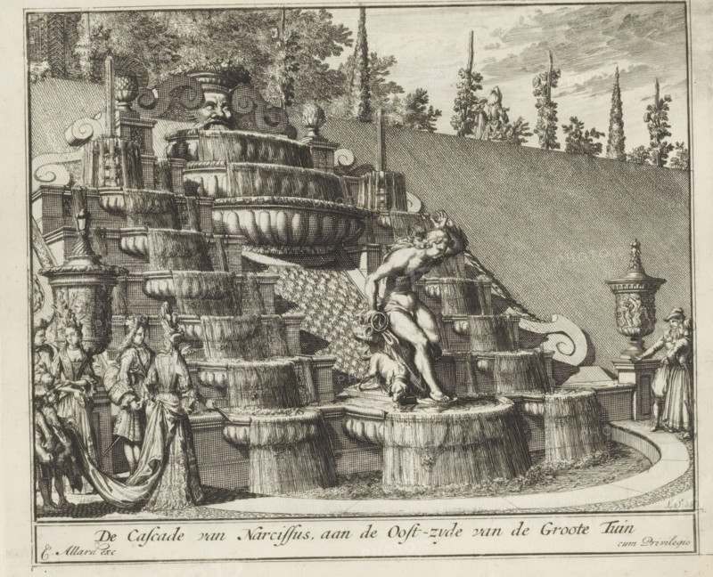 Narcissus cascade in the garden of Het Loo Palace, The Cascade of Narcissus, on the east side of the Great Garden, The Splendor of the Fields of the Netherlands, Or the Pleasure Garden founded by HBM William III at Het Loo, print, album page, The cascade with a statue of Narcissus on the east side of the great garden of Het Loo Palace. Print is part of an album., printmaker: Laurens Scherm, Amsterdam, publisher: Carel Allard, grantor of privilege: States of Holland and West Friesland, 1689 - 1701, 1702, paper, etching, height 172 mm x width 206 mm, ornamental fountain, French or architectonic garden, formal garden, (story of) Narcissus, Apeldoorn, Paleis Het Loo, A detailed black and white engraving shows a tiered stone fountain with large rounded basins stacked in steps, water cascading down textured channels and over ornate ledges, flanked by sculpted urns and balustrades; a classical male statue stands near the middle of the fountain holding vessels while a small animal rests by his...