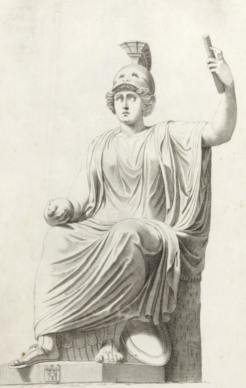 Statue of the goddess Roma, Galleria Giustiniana del Marchese Vincenzo Giustiniani I, print, album page, Series number, 7, 153, personification of the city of Rome, holding a round object. In the center bottom of the base, the coat of arms of Vincenzo Giustiniani. Print is part of an album with a series of prints after the sculptures in the collection in the Galleria Giustiniani in Rome., printmaker: attributed to Michel Natalis, Rome, after drawing by Joos de Pape (attributed to), 1636 - 1647, Attributed to, paper, engraving, height 365 mm x width 229 mm, piece of sculpture, reproduction of a piece of sculpture, personification of a city, town-patron(ess), A seated classical statue rendered in detailed line work showing a robed figure wearing a crested helmet with curled hair visible beneath, holding a cylindrical object raised in one hand and a spherical object resting in the palm of the other, drapery falling in intricate folds over the body and legs with one foot wearing a sandal a...