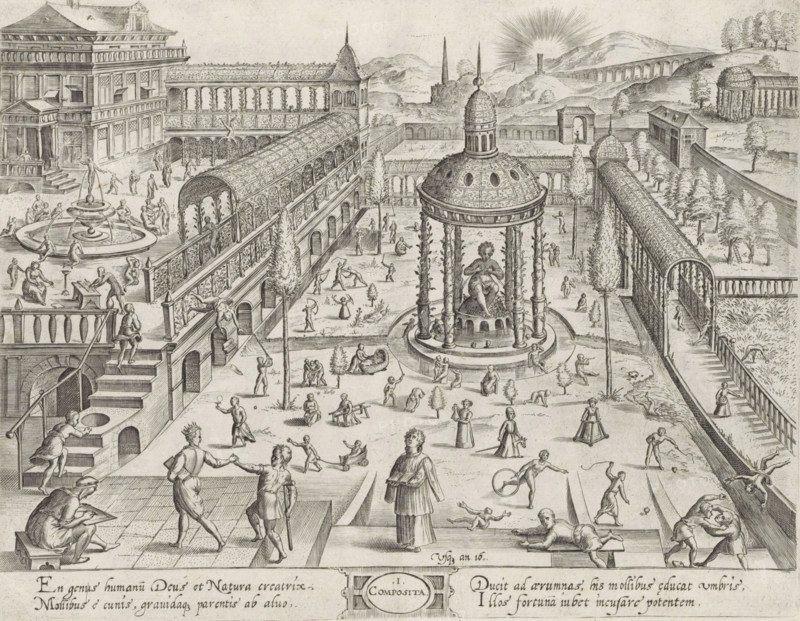 Usque an 16., 1. Composita, Age up to sixteen years, the Composite order, Six ages of man, six architectural orders, Theatrum Vitæ Humanæ, print, album page, Series number, 1, 6, Walled courtyard with arbors, fountains, and pergolas. The fountain under the arbor depicts a woman with breasts full of milk. Children are playing around her. The children are spinning tops and hooping or have a hobby horse, a doll in a carriage, etc. On the left foreground, a boy is drawing. The boy in the middle foreground is studying for his studies. On the right, two boys are fighting. In the margin a four-line text in two columns, in Latin., printmaker: Johannes Wierix, Antwerp, printmaker: Hieronymus Wierix, after design by Hans Vredeman de Vries, publisher: Theodoor Galle, 1577, 1598 - 1602, paper, engraving, gravure, height 210 mm x width 272 mm, children's games and plays, hobby-horse, the first years, the ages of man, study and play considered as the two principal aspects of education, composite ord...