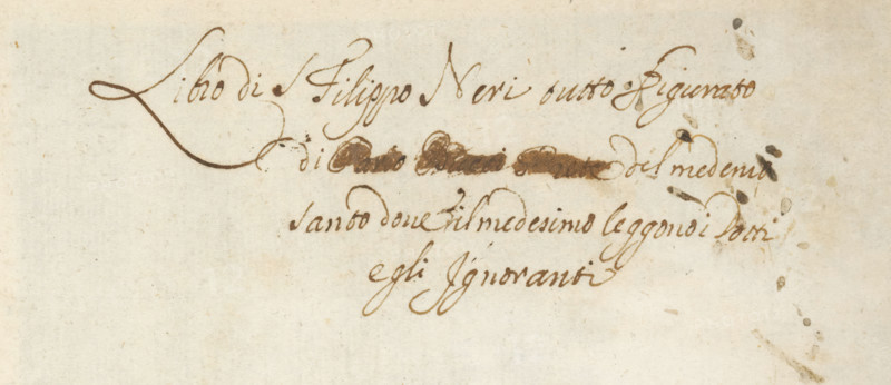 Four-line manuscript bound with 44 prints depicting scenes from the life of Filippo Neri, album page, manuscript, Page with four-line manuscript bound of parchment with 44 prints depicting scenes from the life of Filippo Neri., writer (clerical worker): anonymous, c. 1630 - c. 1641, writer (clerical worker), materials by function, paper, ink, writing (processes), height 262 mm x width 195 mm, A pale, aged sheet with a light beige background showing darker smudges and stains concentrated along the right edge and scattered faint spots elsewhere, a cluster of darker ink drops and smears near the upper center, and a sweeping calligraphic flourish of dark brown ink near the top left with several smaller strokes nearby.