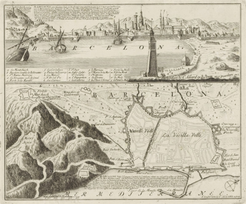 View and map of Barcelona, Barcelona, a Spanish city, the capital of Catalonia, Les Principales Forteresses & Villes Fortes, d'Espagne, de France, d'Italie, de Savoie, d'Allemagne & des Païs-Bas, Naaukeurige Illustratie der Voornaamste Sterke Steden en Vestingen in Spanjen, Vrankryk, Italien, Savoyen, Duytsland en Nederlanden, print, album page, map, View of the city of Barcelona with a map of the same city underneath. With texts in Dutch and French., printmaker: Abraham Allard, Amsterdam, printmaker: Carel Allard, publisher: Carel Allard, publisher: Pieter van der Aa (I), Leiden, grantor of privilege: States of Holland and West Friesland, 1701 - 1733, Abraham Allard, Carel Allard, Pieter van der Aa (I), States of Holland and West Friesland, publisher, grantor of privilege, paper, etching, height 233 mm x width 282 mm, fortifications, military engineering, maps of cities, War of Spanish Succession, Catalonia, Barcelona (city), Period, 1701 - 1713, An engraved map fragment showing a coa...