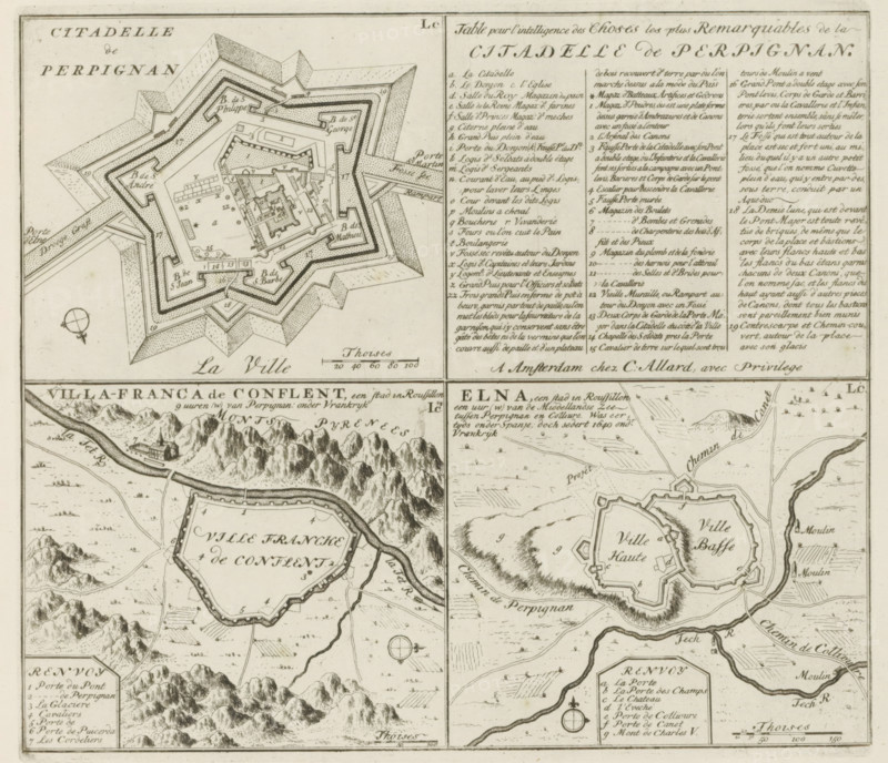 Perpignan and other cities in Rousillon, Citadelle de Perpignan, Table pour l'intelligence, de la Citadelle de Perpignan, Villa-Franca de Conflent, Elna, Les Principales Forteresses & Villes Fortes, d'Espagne, de France, d'Italie, de Savoië, d'Allemagne & des Païs-Bas, Accurate Illustrations of the Main Strong Cities and Fortresses in Spain, France, Italy, Savoy, Germany and the Netherlands, print, album page, map, The fortress of Perpignan with legend. Below it two other places in Rousillon. With texts in Dutch and French., printmaker: Abraham Allard, Amsterdam, printmaker: Carel Allard, publisher: Pieter van der Aa (I), Leiden, grantor of privilege: States of Holland and West Friesland, 1701 - 1733, paper, etching, height 228 mm x width 258 mm, fortifications, military engineering, maps of cities, War of Spanish Succession, Perpignan, Elne, Languedoc-Roussillon, Villefranche-de-Conflent, Period, 1701 - 1713, A detailed engraved map divided into panels showing fortified towns and surr...