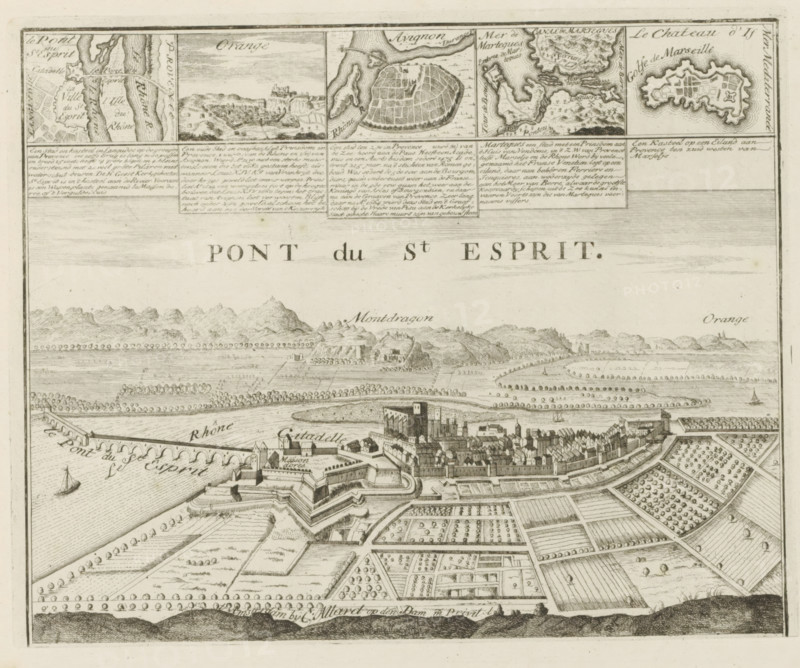 View of Pont-Saint-Esprit, Pont du St. Esprit, Les Principales Forteresses & Villes Fortes, d'Espagne, de France, d'Italie, de Savoië, d'Allemagne & des Païs-Bas, Accurate Illustrations of the Main Strong Cities and Fortresses in Spain, France, Italy, Savoy, Germany and the Netherlands, print, album page, map, View of Pont-Saint-Esprit with the bridge over the Rhône. Five insets with other places in France. Texts in Dutch and French., printmaker: Abraham Allard, Amsterdam, printmaker: Carel Allard, publisher: Carel Allard, publisher: Pieter van der Aa (I), Leiden, grantor of privilege: States of Holland and West Friesland, 1701 - 1733, Abraham Allard, Carel Allard, Pieter van der Aa (I), States of Holland and West Friesland, publisher, grantor of privilege, paper, etching, height 217 mm x width 270 mm, fortifications, military engineering, maps of cities, War of Spanish Succession, Provence-Alpes-Côte d'Azur, Marseille, Avignon, Orange (Vaucluse), Pont-Saint-Esprit, Martigues, Mondrago...