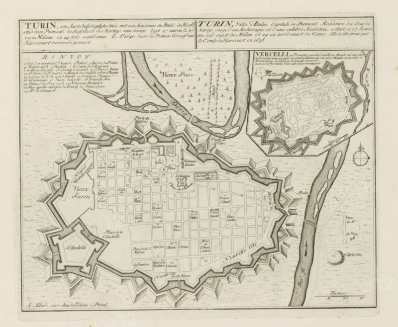 Map of Turin, Turin, an archiepiscopal city with an academy in Italy, Les Principales Forteresses & Villes Fortes, d'Espagne, de France, d'Italie, de Savoie, d'Allemagne & des Païs-Bas, Accurate Illustrations of the Main Strong Cities and Fortresses in Spain, France, Italy, Savoy, Germany and the Netherlands, print, album page, map, with an illustration of the city of Vercelli in the upper right. Texts in Dutch and French., printmaker: Abraham Allard, Amsterdam, printmaker: Carel Allard, publisher: Carel Allard, publisher: Pieter van der Aa (I), Leiden, grantor of privilege: States of Holland and West Friesland, 1701 - 1733, Abraham Allard, Carel Allard, Pieter van der Aa (I), States of Holland and West Friesland, publisher, grantor of privilege, paper, etching, height 232 mm x width 278 mm, fortifications, military engineering, maps of cities, War of Spanish Succession, Piedmont, Vercelli (city), Period, 1701 - 1713, A detailed black and white engraved map fragment shows a fortified c...