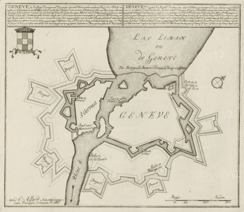 Map of Geneva, Geneva, the capital of the aforementioned Republics, Les Principales Forteresses & Villes Fortes, d'Espagne, de France, d'Italie, de Savoie, d'Allemagne & des Païs-Bas, Accurate Illustrations of the Main Strong Cities and Fortresses in Spain, France, Italy, Savoy, Germany and the Netherlands, print, album page, map, Map of the fortifications around the city of Geneva. With texts in Dutch and French., printmaker: Abraham Allard, Amsterdam, printmaker: Carel Allard, publisher: Carel Allard, publisher: Pieter van der Aa (I), Leiden, grantor of privilege: States of Holland and West Friesland, 1701 - 1733, Abraham Allard, Carel Allard, Pieter van der Aa (I), States of Holland and West Friesland, publisher, grantor of privilege, paper, etching, height 237 mm x width 274 mm, fortifications, military engineering, maps of cities, War of Spanish Succession, Period, 1701 - 1713, A detailed black and white map segment showing a shoreline with a textured body of water and a fortified...