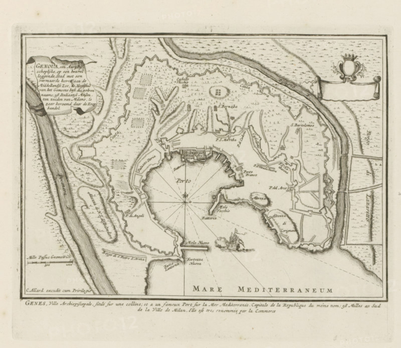Genoua, an archiepiscopal city situated on a hill, Map of Genoa, Les Principales Forteresses & Villes Fortes, d'Espagne, de France, d'Italie, de Savoy, d'Allemagne & des Païs-Bas, Accurate Illustrations of the Main Strong Cities and Fortresses in Spain, France, Italy, Savoy, Germany and the Netherlands, print, album page, map, Map of Genoa. With texts in Dutch and French., printmaker: Abraham Allard, Amsterdam, printmaker: Carel Allard, publisher: Carel Allard, publisher: Pieter van der Aa (I), Leiden, grantor of privilege: States of Holland and West Friesland, 1701 - 1733, Abraham Allard, Carel Allard, Pieter van der Aa (I), States of Holland and West Friesland, publisher, grantor of privilege, paper, etching, height 183 mm x width 222 mm, maps of cities, War of Spanish Succession, Genoa, Period, 1701 - 1713, An aged map printed in dark ink on light paper showing a fortified coastal town with irregular star-shaped defensive walls around a semicircular harbor, radiating lines across th...
