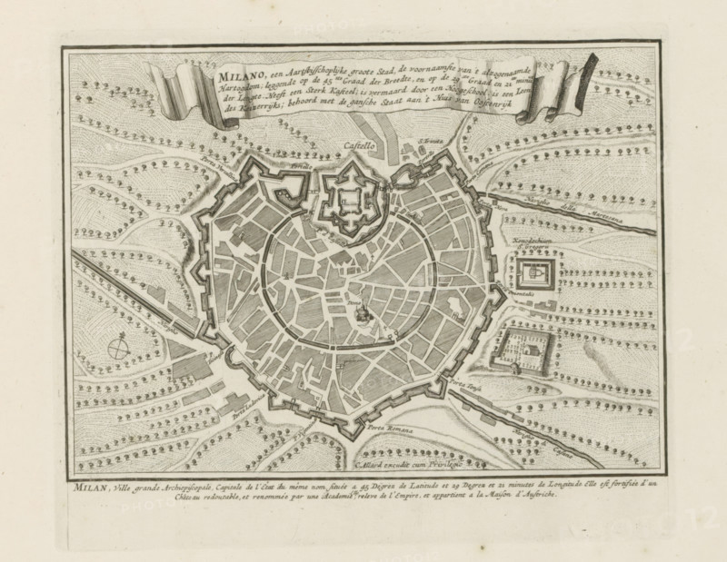 Milano, een archiepiscopal great city, Map of Milan, Les Principales Forteresses & Villes Fortes, d'Espagne, de France, d'Italie, de Savoy, d'Allemagne & des Païs-Bas, Accurate Illustrations of the Main Strong Cities and Fortresses in Spain, France, Italy, Savoy, Germany and the Netherlands, print, album page, map, Map of Milan. With texts in Dutch and French., printmaker: Abraham Allard, Amsterdam, printmaker: Carel Allard, publisher: Carel Allard, publisher: Pieter van der Aa (I), Leiden, grantor of privilege: States of Holland and West Friesland, 1701 - 1733, Abraham Allard, Carel Allard, Pieter van der Aa (I), States of Holland and West Friesland, publisher, grantor of privilege, paper, etching, height 181 mm x width 220 mm, maps of cities, War of Spanish Succession, Lombardy, Milan, Period, 1701 - 1713, An aged engraved map shows a walled circular city with radial streets and a central fortified citadel, rendered in fine black lines on a cream background; the city is surrounded by...