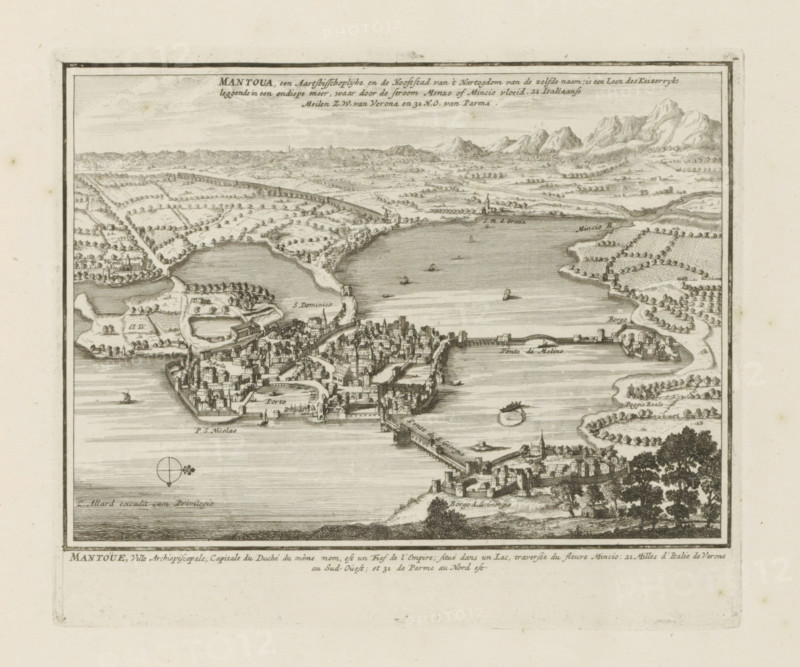 Mantoua, an archiepiscopal and the capital of the duchy of the same name, View of Mantua, Les Principales Forteresses & Villes Fortes, d'Espagne, de France, d'Italie, de Savoy, d'Allemagne & des Païs-Bas, Accurate Illustrations of the Main Strong Cities and Fortresses in Spain, France, Italy, Savoy, Germany and the Netherlands, print, album page, map, Mantua, seen from a bird's-eye perspective. With texts in Dutch and French., printmaker: Abraham Allard, Amsterdam, printmaker: Carel Allard, publisher: Pieter van der Aa (I), Leiden, grantor of privilege: States of Holland and West Friesland, 1701 - 1733, paper, etching, height 185 mm x width 219 mm, maps of cities, War of Spanish Succession, Lombardy, Period, 1701 - 1713, An engraved bird’s-eye view of a walled town on a peninsula jutting into a body of water, with densely packed buildings and narrow streets, a long bridge or causeway connecting the peninsula to the mainland, boats and small sailing vessels on the water, cultivated fiel...