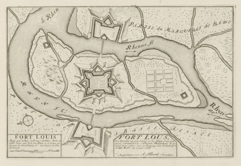 Plan of Fort Louis, Fort Lous, a fortress on an island in the Rhine, Les Principales Forteresses & Villes Fortes, d'Espagne, de France, d'Italie, de Savoië, d'Allemagne & des Païs-Bas, Accurate Illustrations of the Main Strong Cities and Fortresses in Spain, France, Italy, Savoy, Germany and the Netherlands, print, album page, map, built by the French in 1688, located on the Rhine near Strasbourg. With texts in Dutch and French., printmaker: Abraham Allard, Amsterdam, printmaker: Carel Allard, publisher: Carel Allard, publisher: Pieter van der Aa (I), Leiden, grantor of privilege: States of Holland and West Friesland, 1701 - 1733, Abraham Allard, Carel Allard, Pieter van der Aa (I), States of Holland and West Friesland, publisher, grantor of privilege, paper, etching, height 184 mm x width 275 mm, fortress, maps of cities, War of Spanish Succession, Rhine, Period, 1701 - 1713, A monochrome engraved map showing a river curving around an island with detailed hachure lines indicating wate...
