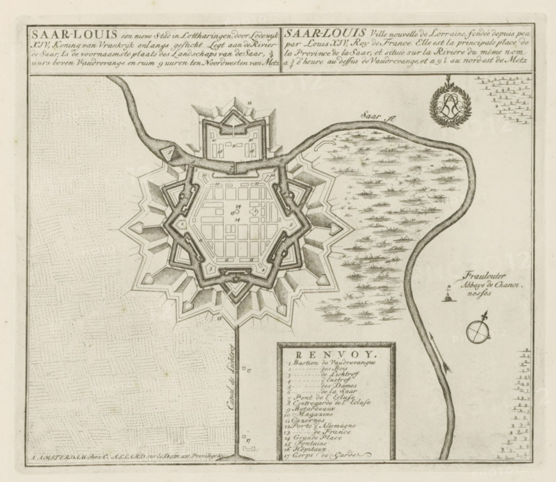 Map of Saarlouis, Saar-Louis a new city in Lorraine, recently founded by Louis XIV, King of France, Les Principales Forteresses & Villes Fortes, d'Espagne, de France, d'Italie, de Savoie, d'Allemagne & des Païs-Bas, Accurate Illustrations of the Main Strong Cities and Fortresses in Spain, France, Italy, Savoy, Germany and the Netherlands, print, album page, map, Map of the city of Saarlouis founded by Louis XIV in Saarland. With texts in Dutch and French., printmaker: Abraham Allard, Amsterdam, printmaker: Carel Allard, publisher: Carel Allard, publisher: Pieter van der Aa (I), Leiden, grantor of privilege: States of Holland and West Friesland, 1701 - 1733, Abraham Allard, Carel Allard, Pieter van der Aa (I), States of Holland and West Friesland, publisher, grantor of privilege, paper, etching, height 236 mm x width 275 mm, maps of cities, War of Spanish Succession, Saarland, Saarlouis, Period, 1701 - 1713, A detailed black and white engraved map fragment showing a star-shaped fortifie...