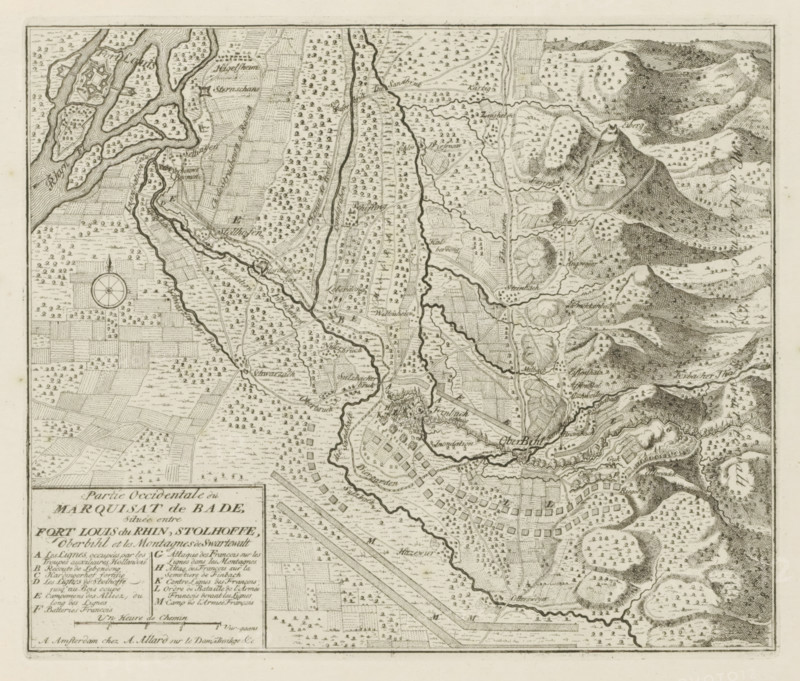 Western part of the Marquisate of Baden, situated between Fort Louis du Rhin, Stolhoffe, Oberbihl and the Mountains of Swartewalt, Markizaat Baden, The Principal Fortifications & Fortresses of Spain, France, Italy, Savoyard, Germany & the Netherlands, Accurate Illustrations of the Main Strong Cities and Fortresses in Spain, Savoy, Germany and the Netherlands, print, album page, map, Map of the west of the Markizaat of Baden on which the lines of the French and of the Allies and various battles are indicated. With texts in French., printmaker: Abraham Allard, Amsterdam, printmaker: Carel Allard, publisher: Pieter van der Aa (I), Leiden, grantor of privilege: States of Holland and West Friesland, 1701 - 1733, paper, etching, height 232 mm x width 274 mm, maps of separate countries or regions, War of Spanish Succession, Baden-Württemberg, Period, 1701 - 1713, An aged, detailed black-and-white map printed on paper showing rivers and winding waterways, clustered small rectangular and square...