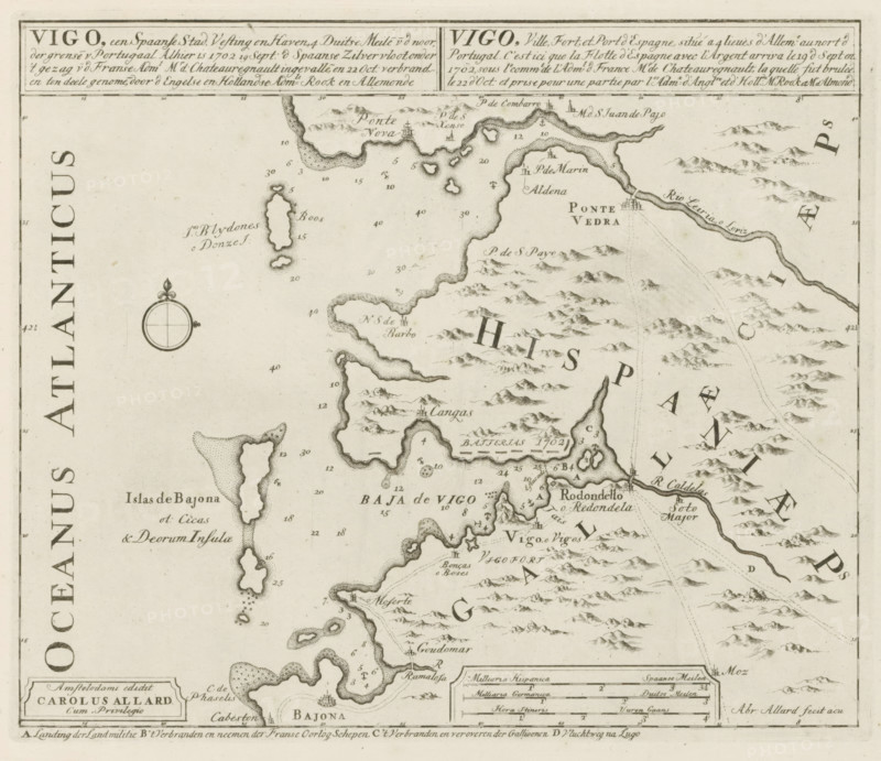 Vigo, a Spanish city, fortress and port, Here, September 19, 1702, the Spanish Silver Fleet invaded and was burned on October 22, Les Principales Forteresses & Villes Fortes, d'Espagne, de France, d'Italie, de Savoy, d'Allemagne & des Païs-Bas, Accurate Illustrations of the Main Strong Cities and Fortresses in Spain, France, Italy, Savoy, Germany and the Netherlands, print, album page, map, historical print, Map of Vigo, with texts in Dutch, French and Latin., printmaker: Abraham Allard, Amsterdam, publisher: Carel Allard, publisher: Pieter van der Aa (I), Leiden, grantor of privilege: States of Holland and West Friesland, 1702 - 1733, Abraham Allard, Carel Allard, Pieter van der Aa (I), States of Holland and West Friesland, printmaker, publisher, grantor of privilege, paper, etching, height 233 mm x width 277 mm, maps of separate countries or regions, Naval Battle in the Bay of Vigo, Galicia, Period, 1702-10-23, A sepia-toned vintage map segment showing a coastal region with irregular...