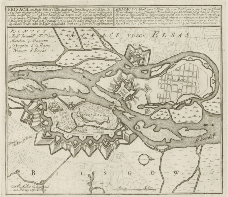 Brisach, a German city in Alsace, recaptured by the French in 1703, Map of Breisach, Les Principales Forteresses & Villes Fortes, d'Espagne, de France, d'Italie, de Savoy, d'Allemagne & des Païs-Bas, Accurate Illustrations of the Main Strong Cities and Fortresses in Spain, France, Italy, Savoy, Germany and the Netherlands, print, album page, map, Map of the fortifications around the German city of Breisach, conquered by the French in 1703. With texts in Dutch and French., printmaker: Abraham Allard, Amsterdam, printmaker: Carel Allard, publisher: Carel Allard, publisher: Pieter van der Aa (I), Leiden, grantor of privilege: States of Holland and West-Friesland, 1701 - 1733, Abraham Allard, Carel Allard, Pieter van der Aa (I), States of Holland and West-Friesland, publisher, grantor of privilege, paper, etching, height 239 mm x width 274 mm, fortifications, military engineering, maps of cities, War of Spanish Succession, Baden-Württemberg, Breisach, Period, 1701 - 1713, A detailed monoch...