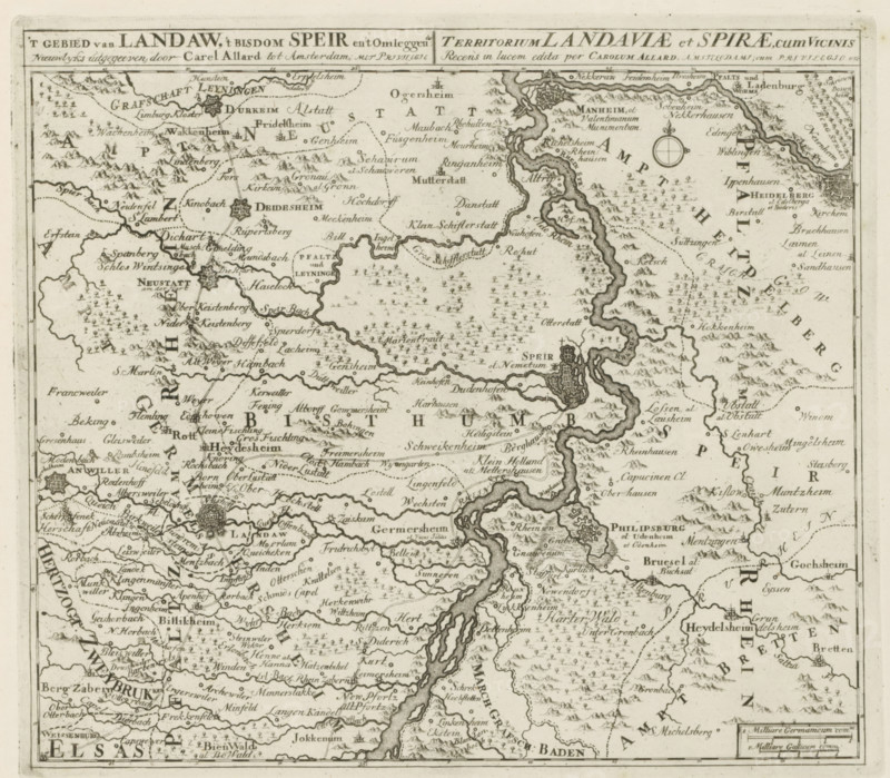 t Landaw area, the diocese of Speir and the surrounding area, Landauiae et Spirae territory, cum Vicinis, Map of the region between Mannheim and Landau, Les Principales Forteresses & Villes Fortes, d'Espagne, de France, d'Italie, Savoia, d'Allemagne & des Païs-Bas, Accurate Images of the Most Important Strong Cities and Fortresses in Spain, France, Italy, Savoy, Duytsland and the Netherlands, print, album page, map, Map of the region between Mannheim, Speyer and Landau. With texts in Dutch and Latin., printmaker: Abraham Allard, Amsterdam, printmaker: Carel Allard, publisher: Carel Allard, publisher: Pieter van der Aa (I), Leiden, grantor of privilege: States of Holland and West Friesland, 1701 - 1733, Abraham Allard, Carel Allard, Pieter van der Aa (I), States of Holland and West Friesland, publisher, grantor of privilege, paper, etching, height 245 mm x width 279 mm, maps of separate countries or regions, War of Spanish Succession, Rhineland-Palatinate, Baden-Württemberg, Landau in d...