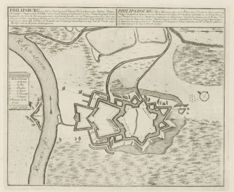 Map of Philippsburg, Philipsburg, a city in Germany on the Rhine in the diocese of Speir, Les Principales Forteresses & Villes Fortes, d'Espagne, de France, d'Italie, de Savoië, d'Allemagne & des Païs-Bas, Accurate Illustrations of the Main Strong Cities and Fortresses in Spain, France, Italy, Savoy, Germany and the Netherlands, print, album page, map, Map of the fortifications around the German city of Philippsburg. With texts in Dutch and French., printmaker: Abraham Allard, Amsterdam, printmaker: Carel Allard, publisher: Carel Allard, publisher: Pieter van der Aa (I), Leiden, grantor of privilege: States of Holland and West Friesland, 1702 - 1733, Abraham Allard, Carel Allard, Pieter van der Aa (I), States of Holland and West Friesland, publisher, grantor of privilege, paper, etching, height 234 mm x width 284 mm, fortifications, military engineering, maps of cities, War of Spanish Succession, Rhine, Baden-Württemberg, Philippsburg, Period, 1701 - 1713, A detailed monochrome map sho...