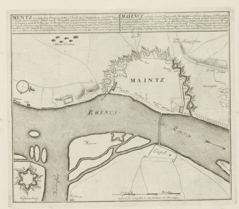 Map of Mainz, Mentz, is the capital of the archbishoprics, The Principal Fortifications & Fortresses of Spain, France, Italy, Savoy, Germany & the Netherlands, Accurate Illustrations of the Main Strong Cities and Fortifications in Spain, Germany and the Netherlands, print, album page, map, Map of the fortifications around the German city of Mainz, located on the Rhine. With texts in Dutch and French., printmaker: Abraham Allard, Amsterdam, printmaker: Carel Allard, publisher: Pieter van der Aa (I), Leiden, grantor of privilege: States of Holland and West Friesland, 1702 - 1733, paper, etching, height 239 mm x width 277 mm, fortifications, military engineering, maps of cities, War of Spanish Succession, Rhine, Rhineland-Palatinate, Mainz, Period, 1701 - 1713, A detailed black and white engraved map showing a fortified city with angular bastions along a riverbank, surrounding walls and a central citadel, adjacent water with rippling line shading and several islands, patterned fields and ...