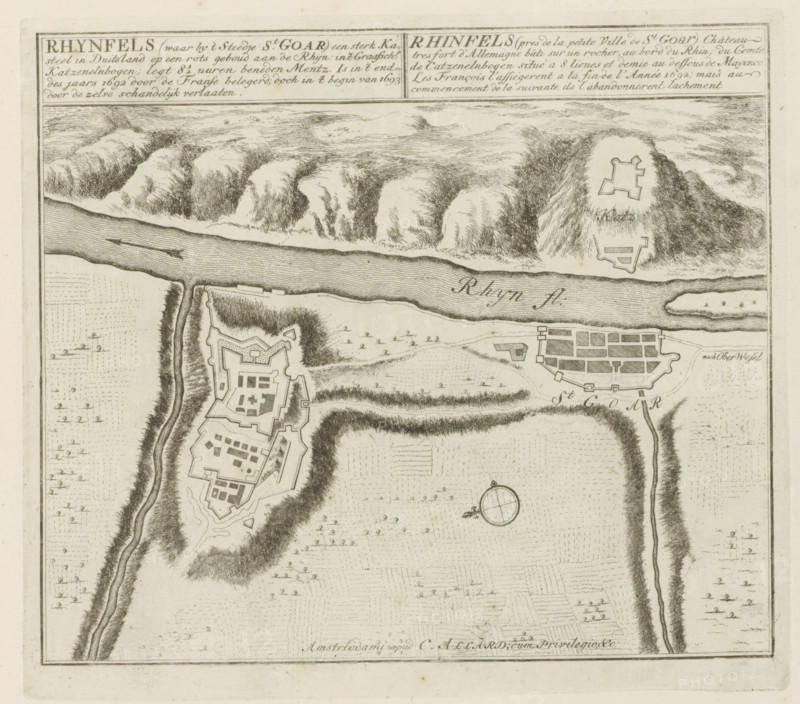 Map of Rheinfels Castle and the town of Sankt Goar, Rhynfels (where by the small town of St. Goar) a strong castle in Germany, besieged by the French at the end of the year 1692, but shamefully abandoned by them at the beginning of 1693, Les Principales Forteresses & Villes Fortes, d'Espagne, de France, d'Italie, de Savoië, d'Allemagne & des Païs-Bas, Accurate Illustrations of the Main Strong Cities and Fortresses in Spain, France, Italy, Savoy, Germany and the Netherlands, print, album page, map, Map of Rheinfels and Sankt Goar. With texts in Dutch and French., printmaker: Abraham Allard, Amsterdam, printmaker: Carel Allard, publisher: Carel Allard, publisher: Pieter van der Aa (I), Leiden, grantor of privilege: States of Holland and West Friesland, 1702 - 1733, Abraham Allard, Carel Allard, Pieter van der Aa (I), States of Holland and West Friesland, publisher, grantor of privilege, paper, etching, height 244 mm x width 276 mm, fortifications, military engineering, maps of cities, Wa...