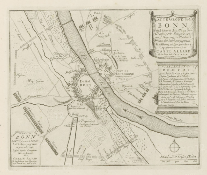 Siege of Bonn, Map of Bonn, as it was besieged by the Germans and the Allies on May 5, 1703, and surrendered by the French on the 16th by agreement, Les Principales Forteresses & Villes Fortes, d'Espagne, de France, d'Italie, de Savoië, d'Allemagne & des Païs-Bas, Naaukeurige Illustratie der Voornaamste Sterke Steden en Vestingen in Spanjen, Vrankryk, Italien, Savoyen, Duytsland en Nederlanden, print, album page, map, Siege of the German city of Bonn by the Allies from May 5 and capture after surrender by the French on May 15 (or 16) 1703. Map with a plan of the fortifications around the city and the positions of the besieging troops. With texts in Dutch and French., printmaker: Abraham Allard, Amsterdam, printmaker: Carel Allard, publisher: Carel Allard, publisher: Pieter van der Aa (I), Leiden, grantor of privilege: States of Holland and West Friesland, 1703 - 1733, Abraham Allard, Carel Allard, Pieter van der Aa (I), States of Holland and West Friesland, publisher, grantor of privil...