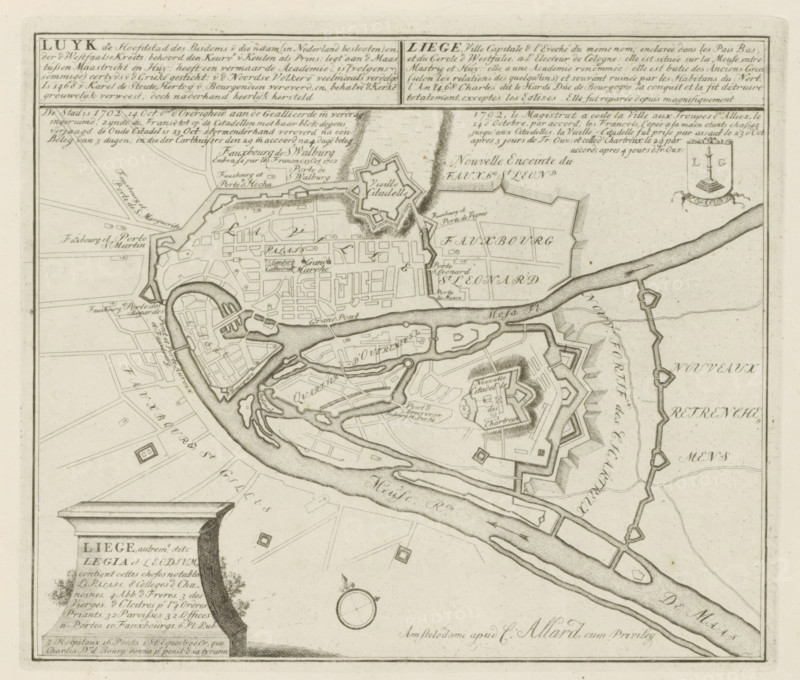 Luyk, the capital of the diocese of that name, the City is 1702, 14 Oct. allocated by the authorities to the Allies by treaty, Map of Liège, Les Principales Forteresses & Villes Fortes, d'Espagne, de France, d'Italie, de Savoië, d'Allemagne & des Païs-Bas, Accurate Illustrations of the Principal Strong Cities and Fortresses in Spain, France, Italy, Savoy, Germany and the Netherlands, print, album page, map, Map of the city of Liège, captured by the Allies from the French, October 14-29, 1702. With texts in Dutch and French., printmaker: Abraham Allard, Amsterdam, printmaker: Carel Allard, publisher: Carel Allard, publisher: Pieter van der Aa (I), Leiden, grantor of privilege: States of Holland and West Friesland, 1702 - 1733, Abraham Allard, Carel Allard, Pieter van der Aa (I), States of Holland and West Friesland, publisher, grantor of privilege, paper, etching, height 238 mm x width 274 mm, fortifications, military engineering, maps of cities, War of Spanish Succession, Capture of Li...