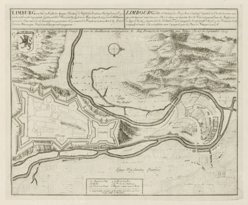 Map of Limburg, Limburg, a city and castle, in the Spanish Netherlands, Is 1703 27 Sept: surrendered by the French to the Allies, Les Principales Forteresses & Villes Fortes, d'Espagne, de France, d'Italie, de Savoië, d'Allemagne & des Païs-Bas, Accurate Illustrations of the Main Strong Cities and Fortresses in Spain, France, Italy, Savoy, Germany and the Netherlands, print, album page, map, Map of the city of Limburg (Limbourg) in the Spanish Netherlands, conquered by the Allies from the French, 27 September 1703. With texts in Dutch and French., printmaker: Abraham Allard, Amsterdam, printmaker: Carel Allard, publisher: Carel Allard, publisher: Pieter van der Aa (I), Leiden, grantor of privilege: States of Holland and West Friesland, 1703 - 1733, Abraham Allard, Carel Allard, Pieter van der Aa (I), States of Holland and West Friesland, publisher, grantor of privilege, paper, etching, height 235 mm x width 284 mm, fortifications, military engineering, maps of cities, War of Spanish Su...