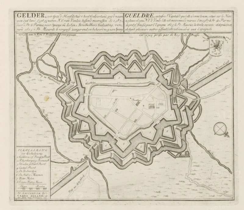 Map of Geldern, Gelder, formerly the capital of all Gelderland, passed to the King of Prussia in 1703, Les Principales Forteresses & Villes Fortes, d'Espagne, de France, d'Italie, de Savoië, d'Allemagne & des Païs-Bas, Accurate Illustrations of the Main Strong Cities and Fortresses in Spain, France, Italy, Savoy, Germany and the Netherlands, print, album page, map, Map of the city of Geldern (Gelder), besieged and conquered by the Prussian troops on December 17, 1703. With texts in Dutch and French., printmaker: Abraham Allard, Amsterdam, printmaker: Carel Allard, publisher: Carel Allard, publisher: Pieter van der Aa (I), Leiden, grantor of privilege: States of Holland and West Friesland, 1703 - 1733, Abraham Allard, Carel Allard, Pieter van der Aa (I), States of Holland and West Friesland, publisher, grantor of privilege, paper, etching, height 235 mm x width 275 mm, fortifications, military engineering, maps of cities, War of Spanish Succession, Siege and capture of Geldern (1703), N...