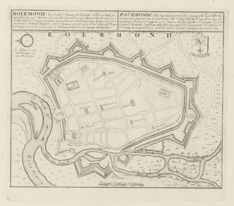 Roermond, d Capital of Spanish Gelderland, 1702 7 Oct: passed to the United States after a siege of 7 days, Map of Roermond, Les Principales Forteresses & Villes Fortes, d'Espagne, de France, d'Italie, de Savoië, d'Allemagne & des Païs-Bas, Accurate Illustrations of the Main Strong Cities and Fortresses in Spain, France, Italy, Savoy, Germany and the Netherlands, print, album page, map, Map of the city of Roermond. Transferred to the United Netherlands after siege, October 7, 1702. With texts in Dutch and French., printmaker: Abraham Allard, Amsterdam, printmaker: Carel Allard, publisher: Carel Allard, publisher: Pieter van der Aa (I), Leiden, grantor of privilege: States of Holland and West Friesland, 1702 - 1733, Abraham Allard, Carel Allard, Pieter van der Aa (I), States of Holland and West Friesland, publisher, grantor of privilege, paper, etching, height 247 mm x width 282 mm, fortifications, military engineering, maps of cities, War of Spanish Succession, Capture of Roermond (170...
