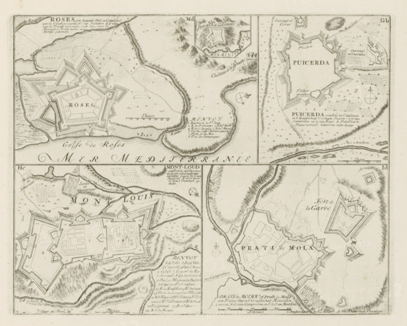 Roses, Puicerda, Mont-Louis, Prati de Mola, Cities in Catalonia and Southern France, The Principal Fortresses & Fortresses of Spain, France, Italy, Savoyard, Germany & the Netherlands, Accurate Illustrations of the Main Strong Cities and Fortresses in Spain, Savoy, Germany and the Netherlands, print, album page, map, Presentation with four maps of cities in Catalonia and Southern France during or just before the War of Spanish Succession. With texts in Dutch and French., printmaker: Abraham Allard, Amsterdam, printmaker: Carel Allard, publisher: Pieter van der Aa (I), Leiden, grantor of privilege: States of Holland and West Friesland, 1701 - 1733, paper, etching, height 218 mm x width 280 mm, fortifications, military engineering, maps of cities, War of Spanish Succession, Catalonia, Southern France, Prats-de-Mollo-la-Preste, Puigcerdá, Period, 1701 - 1713, A sepia-toned engraving showing four map panels arranged in a grid, each panel depicting a fortified town with star-shaped bastions...