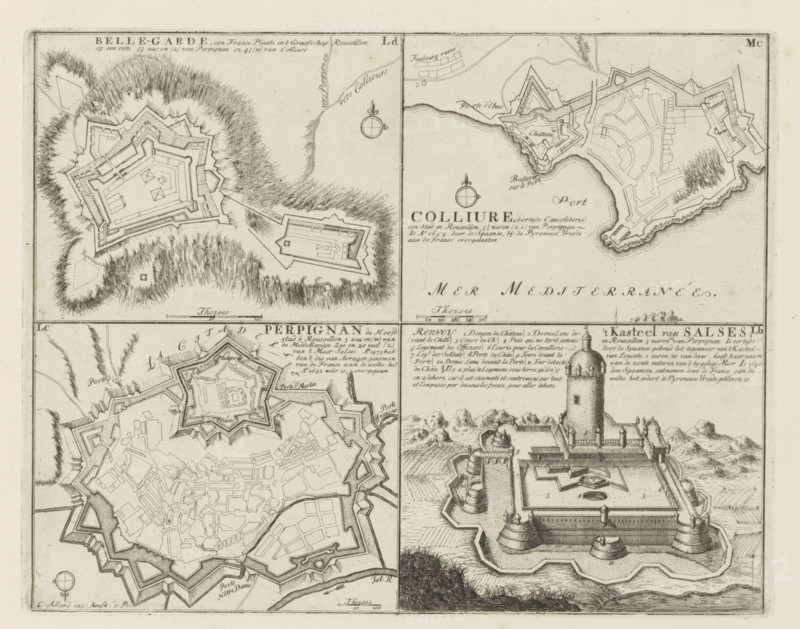 Cities and a castle in the county of Roussillon, Belle-Garde, Colliure, Perpignan, the Castle of Salses, Les Principales Forteresses & Villes Fortes, d'Espagne, de France, d'Italie, de Savoie, d'Allemagne & des Païs-Bas, Accurate Illustrations of the Main Strong Cities and Fortresses in Spain, France, Italy, Savoy, Germany and the Netherlands, print, album page, map, Representation with four maps of cities and a castle in the county of Roussillon in the south of France. With texts in Dutch and French., printmaker: Abraham Allard, Amsterdam, printmaker: Carel Allard, publisher: Carel Allard, publisher: Pieter van der Aa (I), Leiden, grantor of privilege: States of Holland and West Friesland, 1701 - 1733, Abraham Allard, Carel Allard, Pieter van der Aa (I), States of Holland and West Friesland, publisher, grantor of privilege, paper, etching, height 219 mm x width 280 mm, fortifications, military engineering, maps of cities, War of Spanish Succession, Southern France, Collioure, Bellegar...
