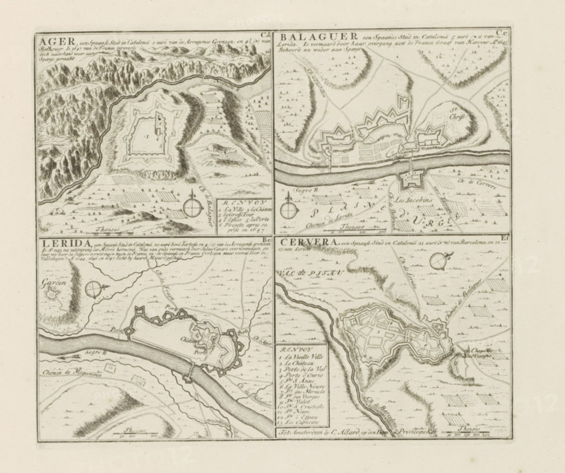 Àger and other cities in Catalonia, Ager, Balaguer, Lerida, Cervera, The Principal Fortifications & Fortresses of Spain, France, Italy, Savoy, Germany & the Netherlands, Accurate Illustrations of the Main Strong Cities and Fortresses in Spain, Germany and the Netherlands, print, album page, map, Presentation with four maps of cities in Catalonia. With texts in Dutch and French., printmaker: Abraham Allard, Amsterdam, printmaker: Carel Allard, publisher: Pieter van der Aa (I), Leiden, grantor of privilege: States of Holland and West Friesland, 1701 - 1733, paper, etching, height 231 mm x width 263 mm, fortifications, military engineering, maps of cities, War of Spanish Succession, Catalonia, Àger, Period, 1701 - 1713, A sepia-toned print showing a grid of four detailed map panels, each with hand-drawn fortifications, rivers, winding roads, cultivated fields, and surrounding hills; the top panels feature star-shaped forts and a broad river running horizontally with bridges and adjacent r...