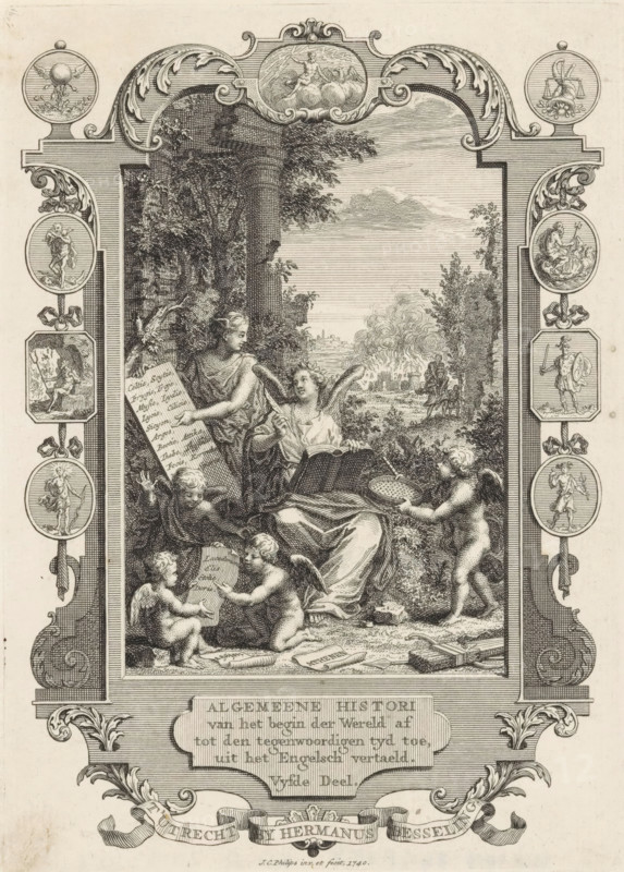 Title page for: Kornelis Westerbaen, Algemeene histori, 1740, Cartouche with allegory on the history of the Greeks, print, title page, History in conversation with a woman pointing to a sheet of paper depicting various Greek cities. In the background, Aeneas saving his father Anchises from burning Troy. In the frame of the cartouche, medallions with gods of Olympus., printmaker: Jan Caspar Philips, publisher: Hermanus Besseling, Utrecht, paper, engraving, etching, height 170 mm x width 121 mm, Title page for: Westerbaen, Kornelis. General Histories from the Beginning of the World to the Present Time, Fifth Part. Utrecht: Besseling, Hermanus, 1740. Print from a scrap album with title prints, ornaments, etc. on blue paper, taken apart in 1983. According to a note on the verso, the print was on p. 106 of this album., 'Historia', the Olympian gods together: Jupiter, Juno, Neptune, Ceres, Apollo, Diana, Mars, Venus, Mercury, Minerva, Vulcan, Vesta (or Bacchus), 'Pius Aeneas': Aeneas, leadin...