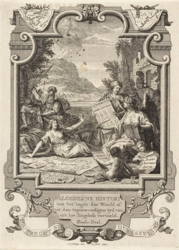 Cartouche with allegorical representation with History and Greek States, Title page front: Kornelis Westerbaen, Algemeene histori, 1741, print, title page, History with book and quill is surrounded by personifications of ancient Greek states and Minerva with shield as a personification of wisdom to support her. Next to her stands Sparta with the laws of Lycurgus. In front of them lies Achaea with a map of the Achaean League on the ground. Behind that lies Sicily surrounded by soldiers, by whom it is unleashed. In the background, the volcano Mount Etna spewing. In the framing of the cartouche, maps of Greece and Sicily., printmaker: Jan Caspar Philips, publisher: Hermanus Besseling, Utrecht, paper, engraving, etching, height 170 mm x width 122 mm, Title page before: Westerbaen, Kornelis. Algemeene histori van het begin der Wereld af tot den hedenen tyd toe, Sixth Part. Utrecht: Besseling, Hermanus, 1741. Print originating from a scrapbook with title prints, ornaments, etc. on blue paper...